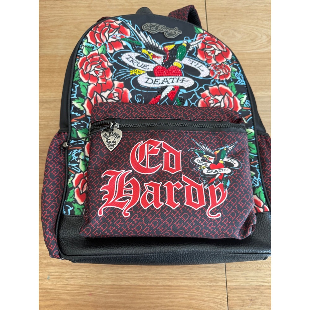 Ed Hardy True Til Death Tattoo Graphic Backpack Rhinestone Skull Black Red